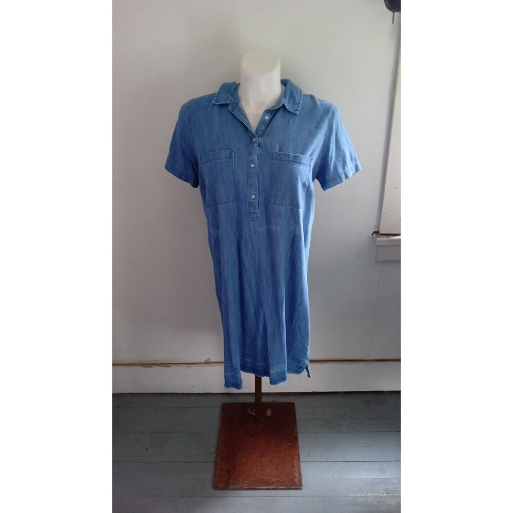 Old Navy Blue Chambray Short Sleeve Shirt Dress Pockets Size L